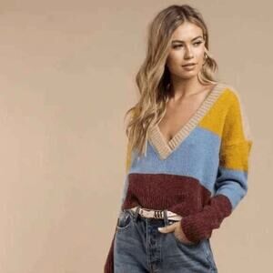 For Love & Lemons Womens Tan Wellesley Striped Long Sleeve V-Neck Sweater Size S